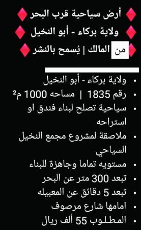 ارض سياحيه مساحة 1000 متر للبيع في بركاء ابو النخيل