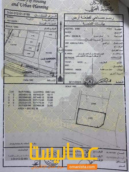 ارض سكنية مميزة في بركاء حي عاصم رقم القطعة 3189
