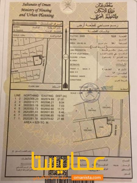 ارض سكنية مميزة في بركاء الرميس رقم القطعة 2445