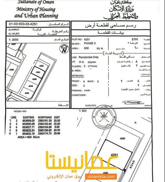 ارض سكنية مميزة في العامرات الحاجر الأولى رقم القطعة 4251
