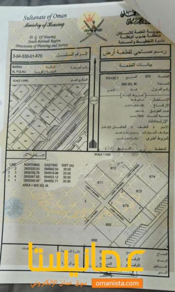 للبيع ارض سكنية ممتازة في بركاء الفليج الثانية زاوية ، رقم القطع