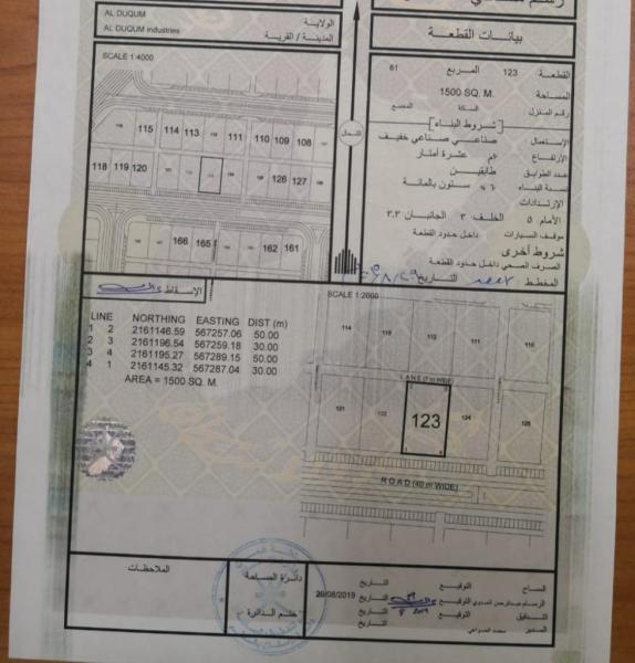 ارض صناعيه الدقم مساحة1500 متر مطلوب 90 الف صافي للمالك