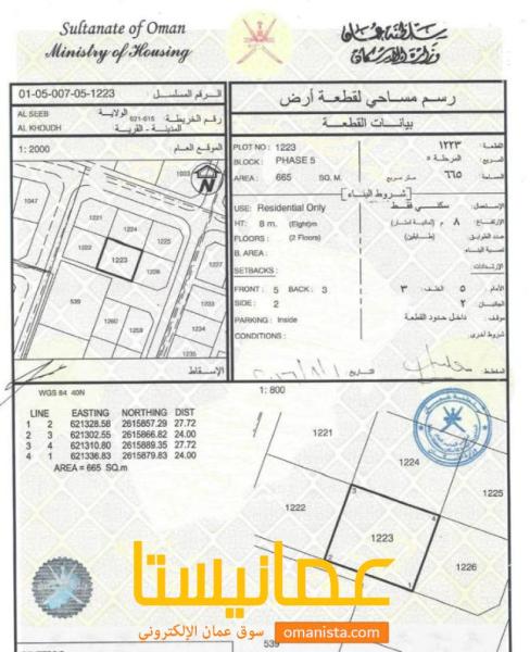 ارض سكنية مميزة في الخوض 5 رقم القطعة 1223