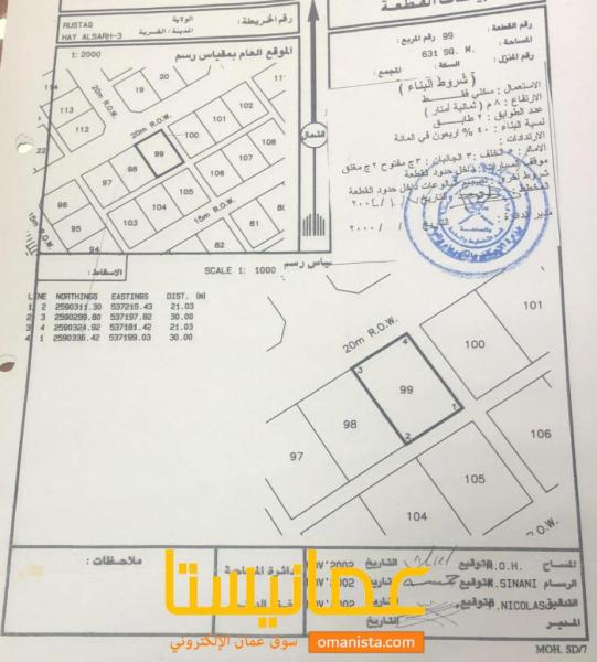 أرض سكنية بولاية الرستاق حي السرح زاوية للبيـــــــــــــع