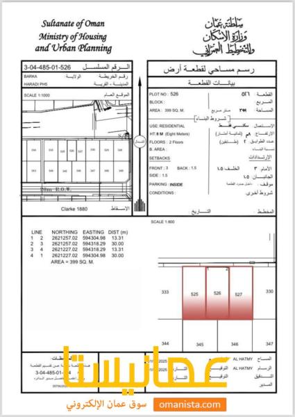 ثلاث اراضي شبك مميزة في بركاء الحرادي 5 رقم القطعة 525-526-527
