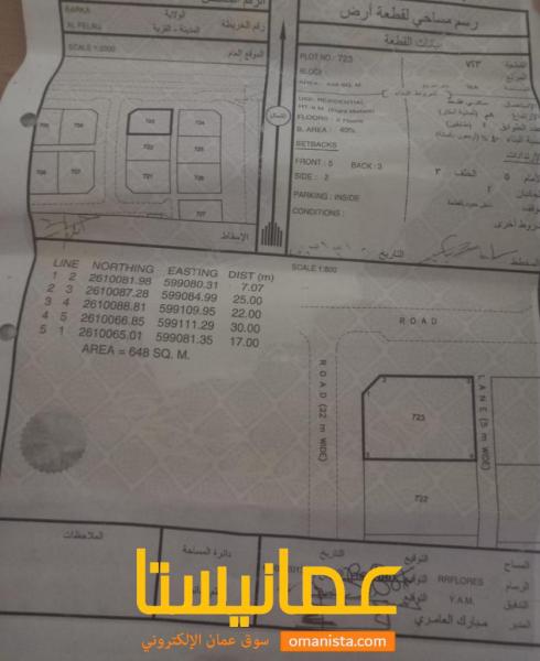 ارض سكنية مميزة في بركاء الفليج رقم القطعة 723