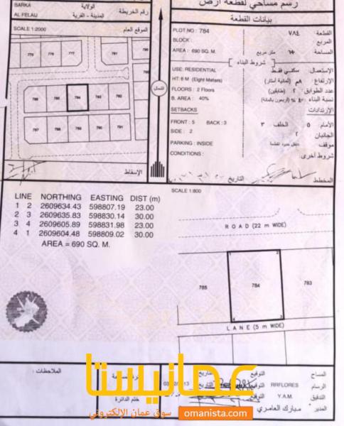 ارض سكنية مميزة في بركاء الفليج المعمورة رقم القطعة 784
