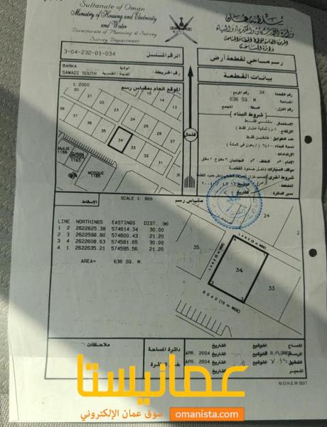 ارض سكنية مميزة في بركاء السوادي جنوب رقم القطعة 34