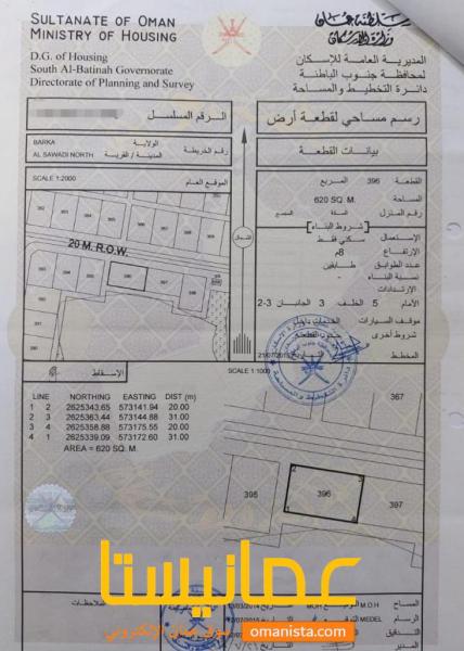 ارض سكنية مميزة في بركاء السوادي شمال رقم القطعة 396