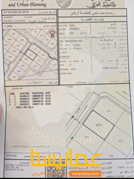 ارض سكنية مميزة في العامرات مدينة النهضة 141 رقم القطعة 5076
