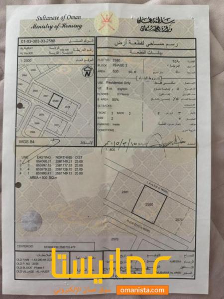 للبيع ارض سكنية ممتازة في العامرات الحاجر الاولى وسطية، رقم القط