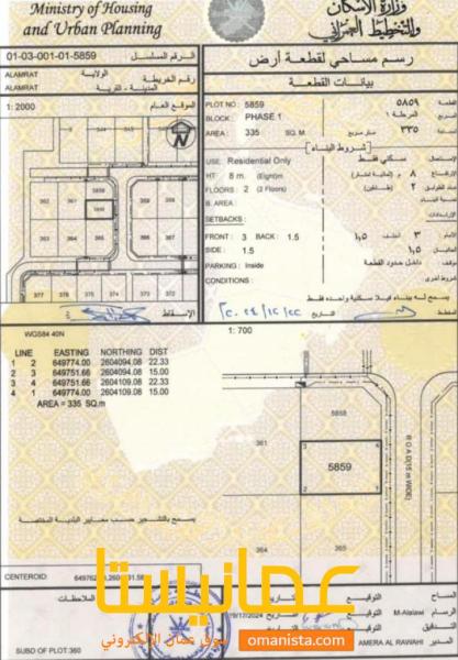 ارض سكنية مميزة في مرتفعات العامرات 8 رقم القطعة 5859