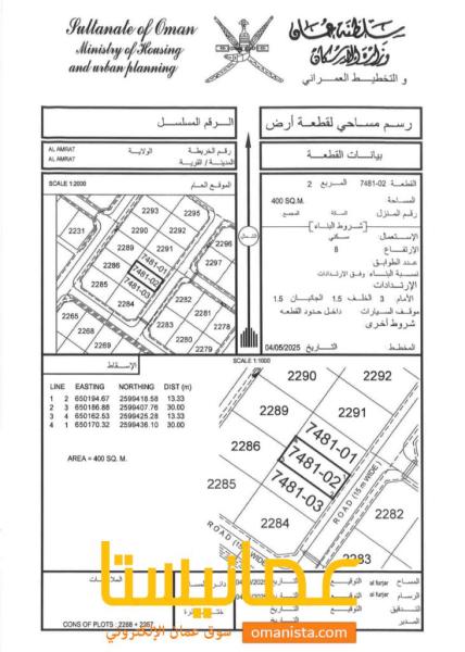 للبيع 3 اراضي سكنية في مرتفعات العامرات 2 بالقرب من محلات