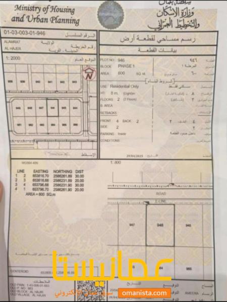 للبيع ارض سكنية ممتازة في العامرات الحاجر مرحله الاولى وسطية رقم