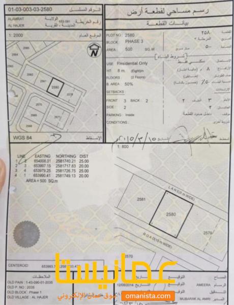 للبيع ارض سكنية ممتازة في العامرات الحاجر الاولى وسطية رقم القطع
