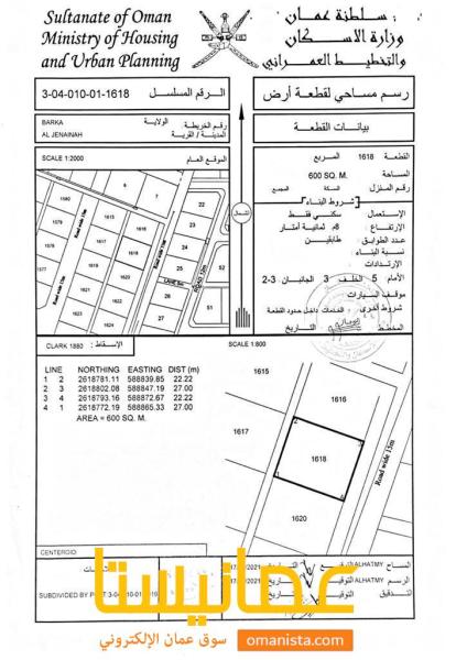 ارض سكنية مميزة في بركاء الجنينة رقم القطعة 1618