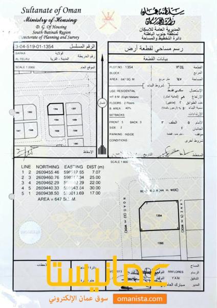 ارض سكنية مميزة في بركاء الفليج المعمورة رقم القطعة 1354
